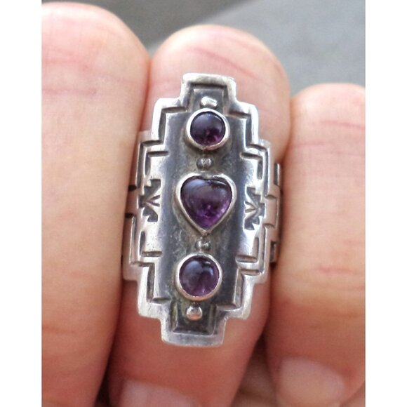 Vtg Southwestern 3 AMETHYST + Stamped STERLING Silver  RING Adjustable is Now 8 - Picture 1 of 7